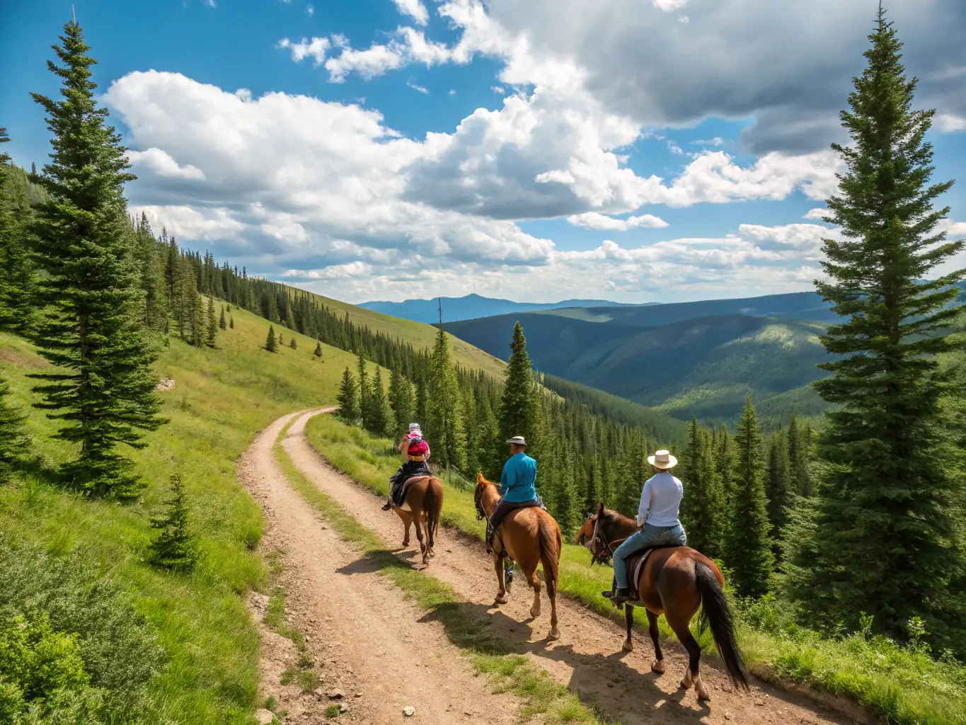 A family enjoying a leisurely horseback ride through scenic trails at ASSOCIATION EQUESTRE DU SEGALA, highlighting the relaxed and enjoyable atmosphere of the recreational programs.