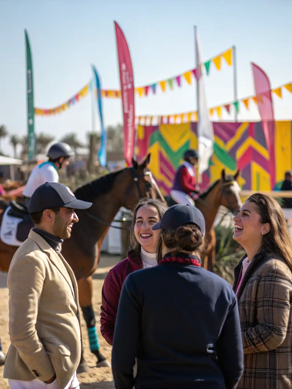 A photograph of a community event at ASSOCIATION EQUESTRE DU SEGALA, showing families and riders interacting and enjoying equestrian activities together.