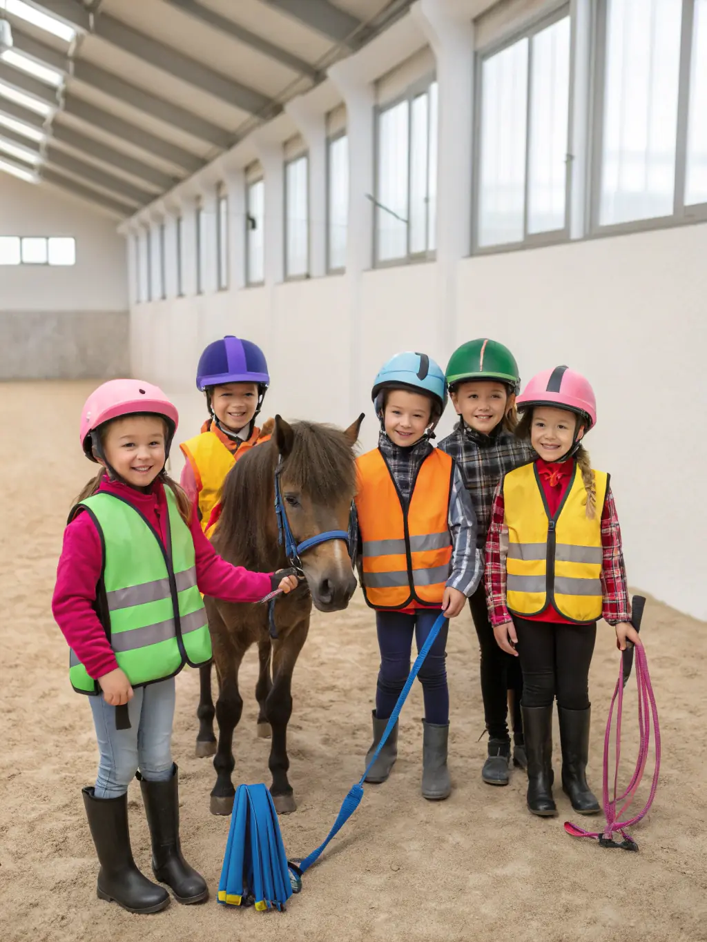 A photograph of children happily learning to ride horses in a safe, enclosed arena at ASSOCIATION EQUESTRE DU SEGALA.