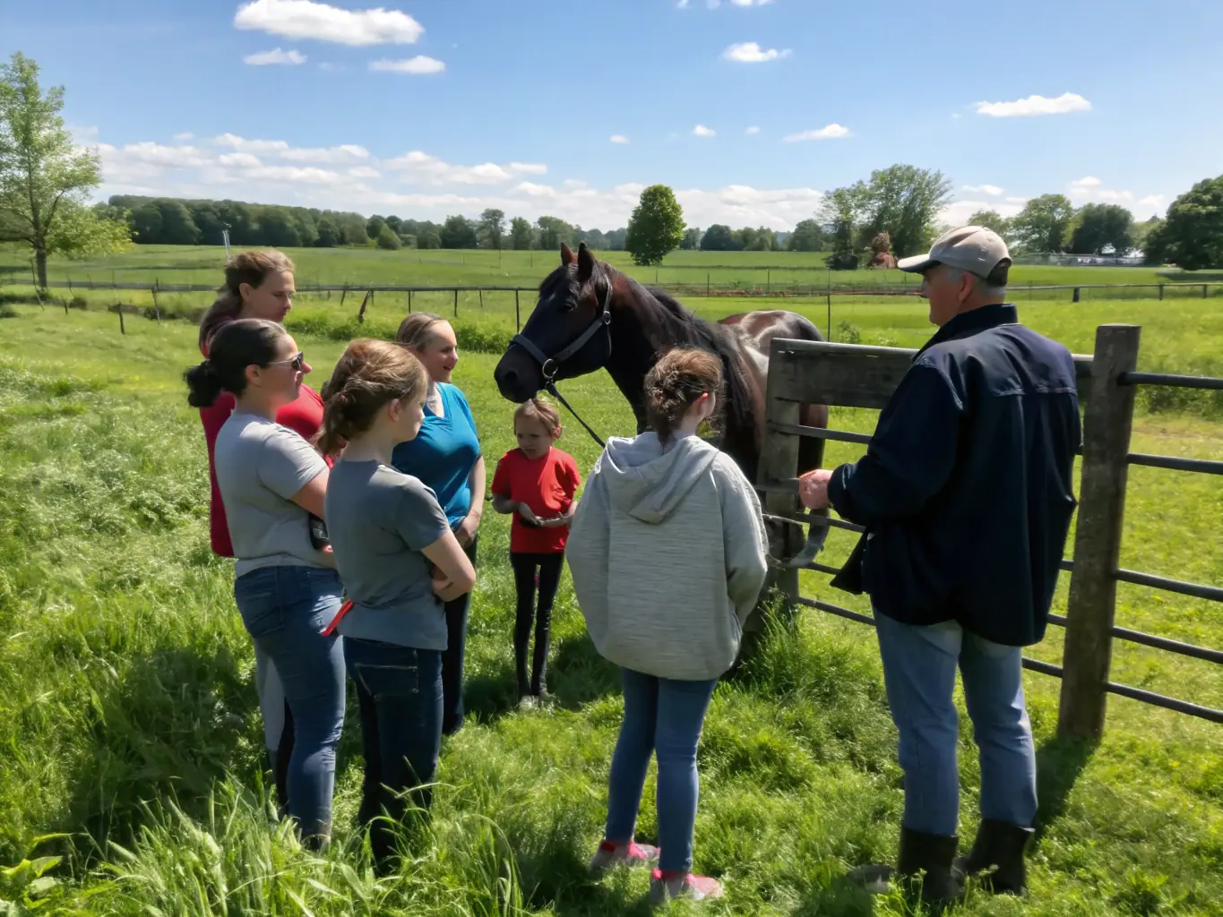 A group of riders receiving instruction in an outdoor arena with well-trained horses, focusing on horsemanship and safety.
