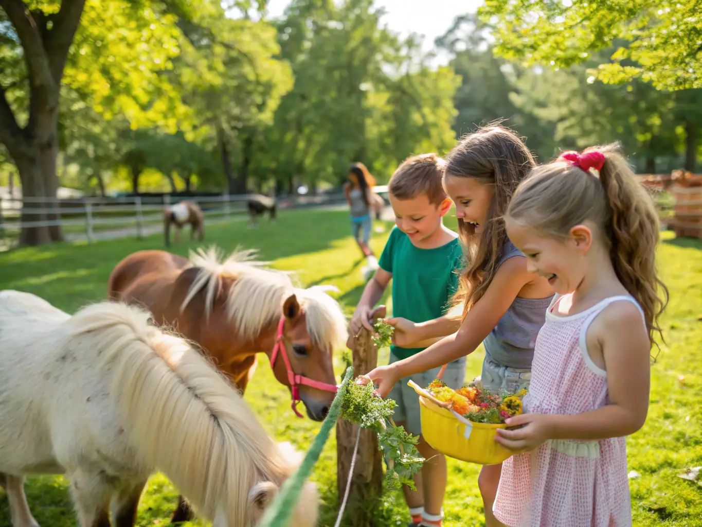 A group of children laughing while learning to groom a pony at ASSOCIATION EQUESTRE DU SEGALA, emphasizing the fun and educational aspects of the beginner riding lessons.