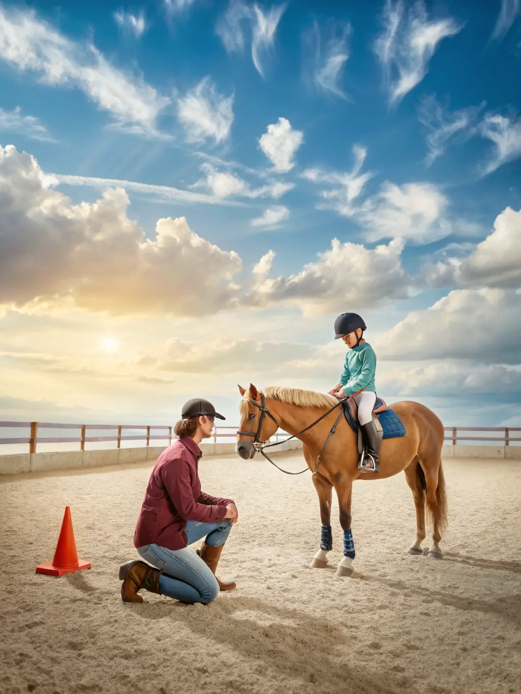A picture of a certified instructor providing personalized riding lessons to a student at ASSOCIATION EQUESTRE DU SEGALA.